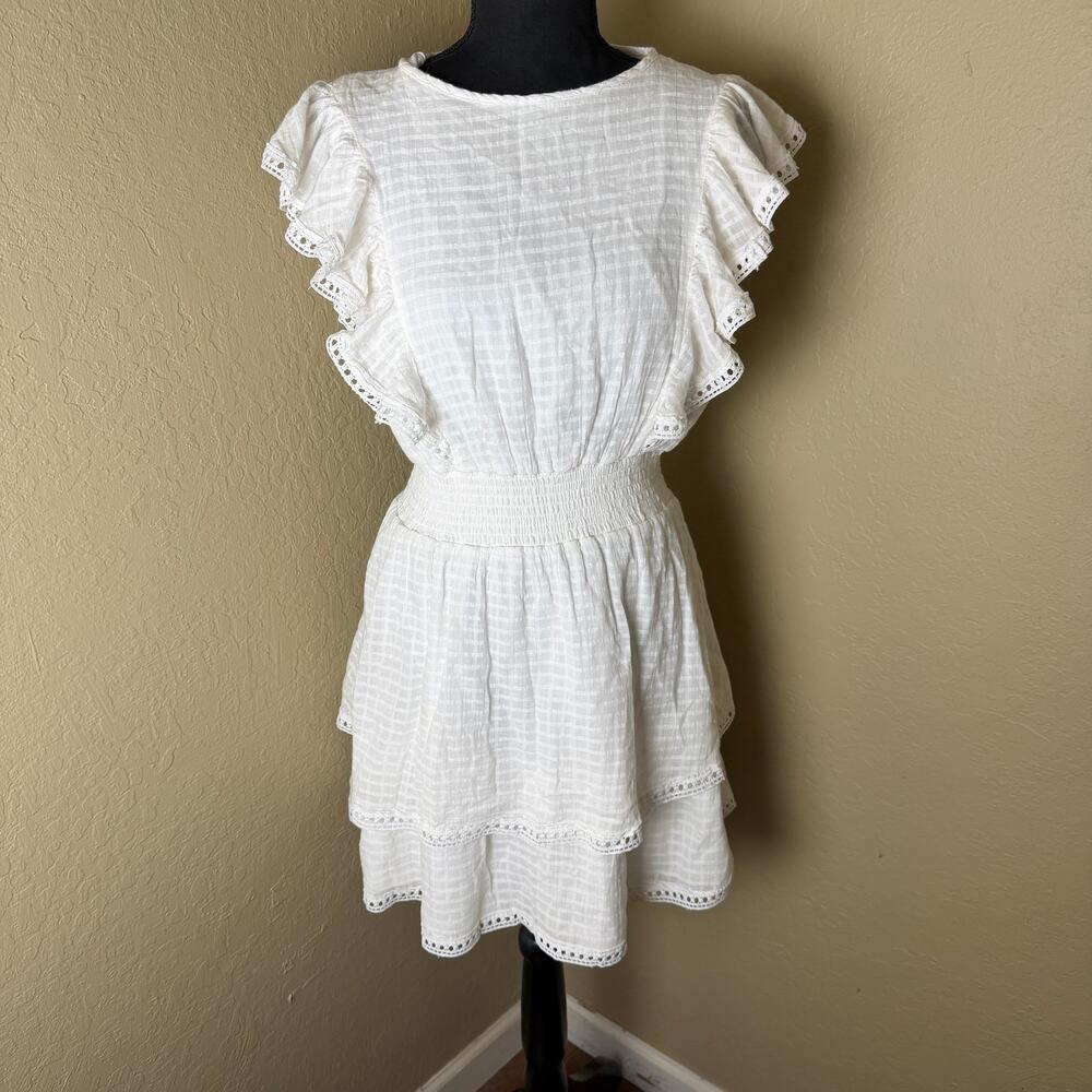 Sage The Label Summers Eve White Cotton Ruffle Lace Tiered Mini Dress M